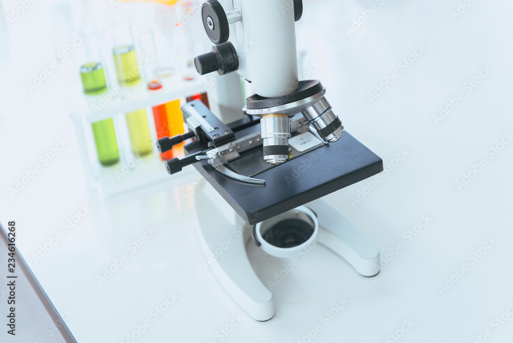Picture of microscope with metal lens for research and medical equipment.in laboratory