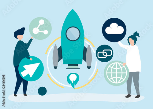 Two people holding startup technology icons illustration