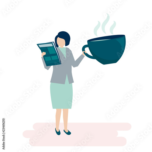 Businesswoman drinking coffee and reading a newspaper illustration