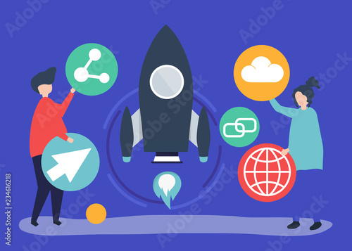 Two people holding startup technology icons illustration