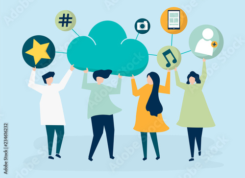 People holding cloud and social networking icons illustration