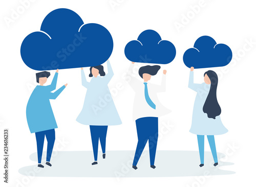 Characters of business people holding cloud icons illustration
