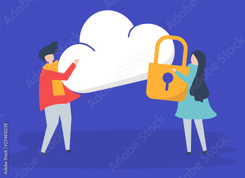 Characters of a couple and a cloud security illustration