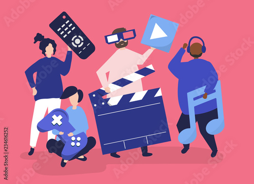 Characters of people holding multimedia icons illustration