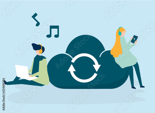 Characters of a couple sharing and listening to music illustration