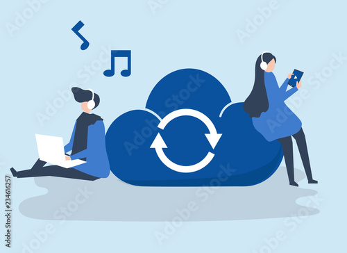 Characters of a couple sharing and listening to music illustration