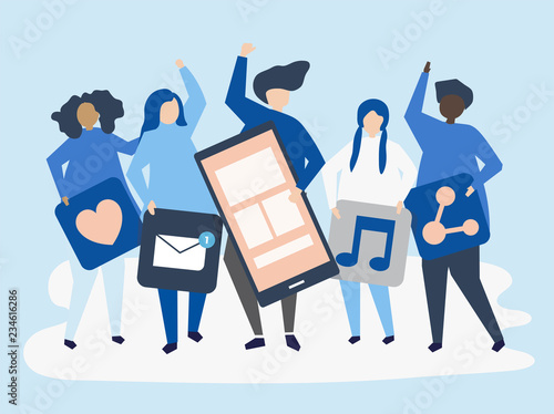 Characters of people holding social networking icons illustration