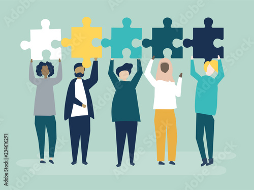 Diverse people holding different puzzle pieces illustration