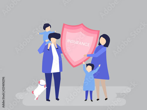 Character of a family holding an insurance illustration