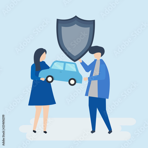 Characters of a couple holding a car and shield illustration