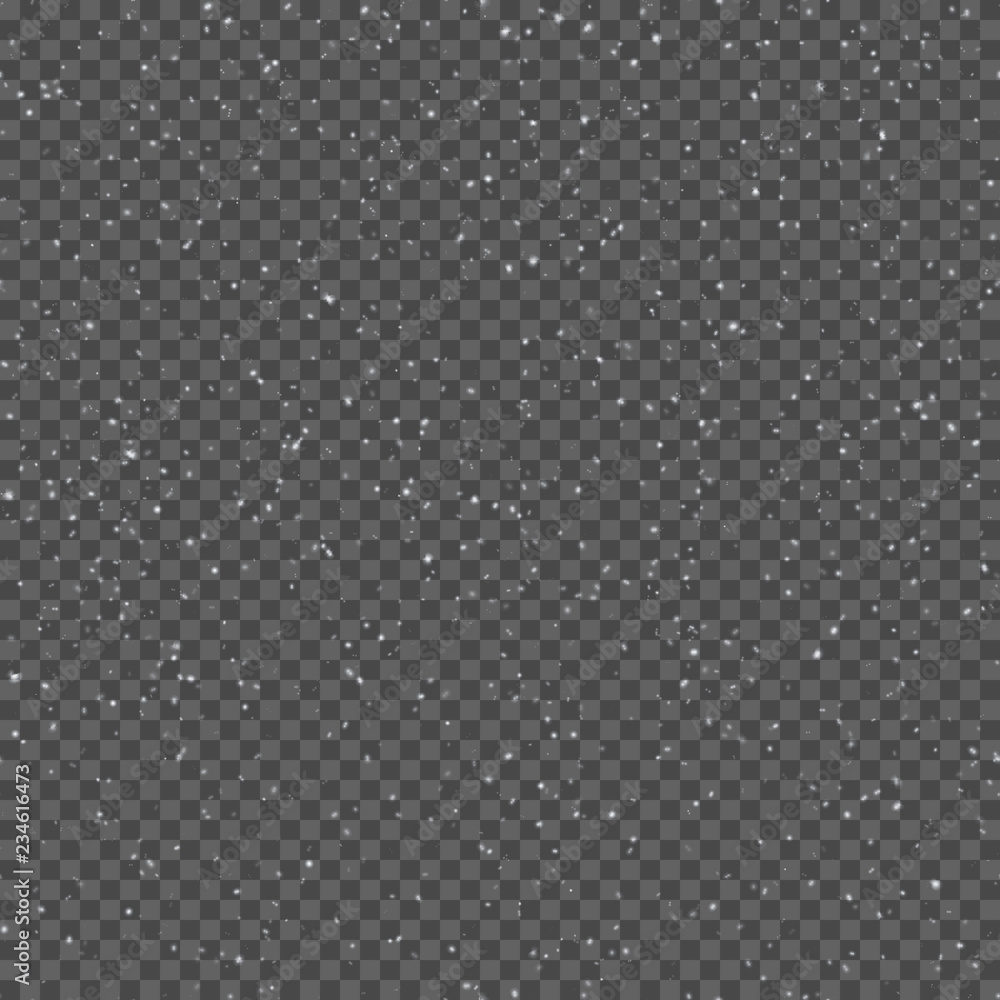 Seamless pattern with realistic falling snowflakes. Isolated on transparent background. Design template. Vector.
