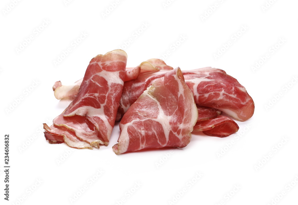 Smoked ham slices isolated on white background
