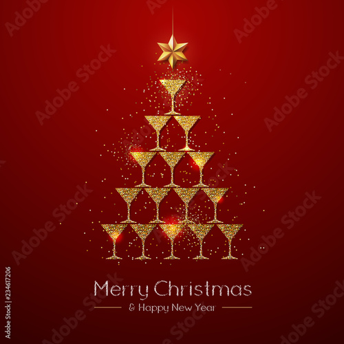 Christmas poster with golden champagne glass. Golden Christmas tree on red background