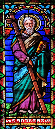 Saint Andrew the Apostle, stained glass window in the San Michele in Foro church in Lucca, Tuscany, Italy 