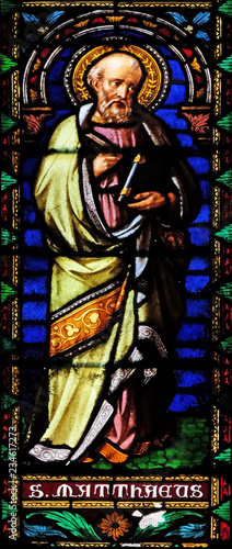 Saint Matthew the Evangelist, stained glass window in the San Michele in Foro church in Lucca, Tuscany, Italy