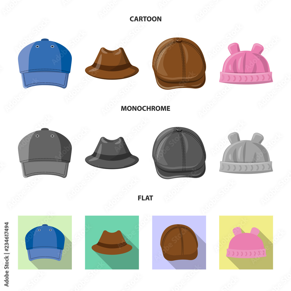 Vector illustration of headgear and cap icon. Collection of headgear and accessory vector icon for stock. Vector illustration of headgear and cap icon. Collection of headgear and accessory vector icon for stock.