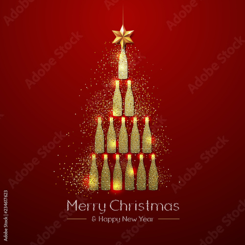 Christmas poster with golden champagne bottle. Golden Christmas tree on red background