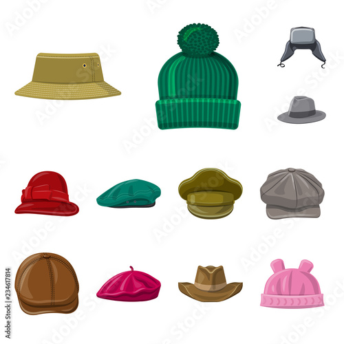 Vector illustration of headgear and cap symbol. Collection of headgear and accessory stock symbol for web.
