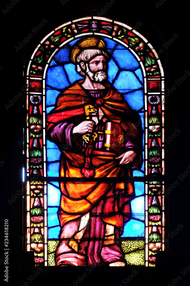 Saint Peter, stained glass window in the Santi Paolino e Donato church in Lucca, Tuscany, Italy 