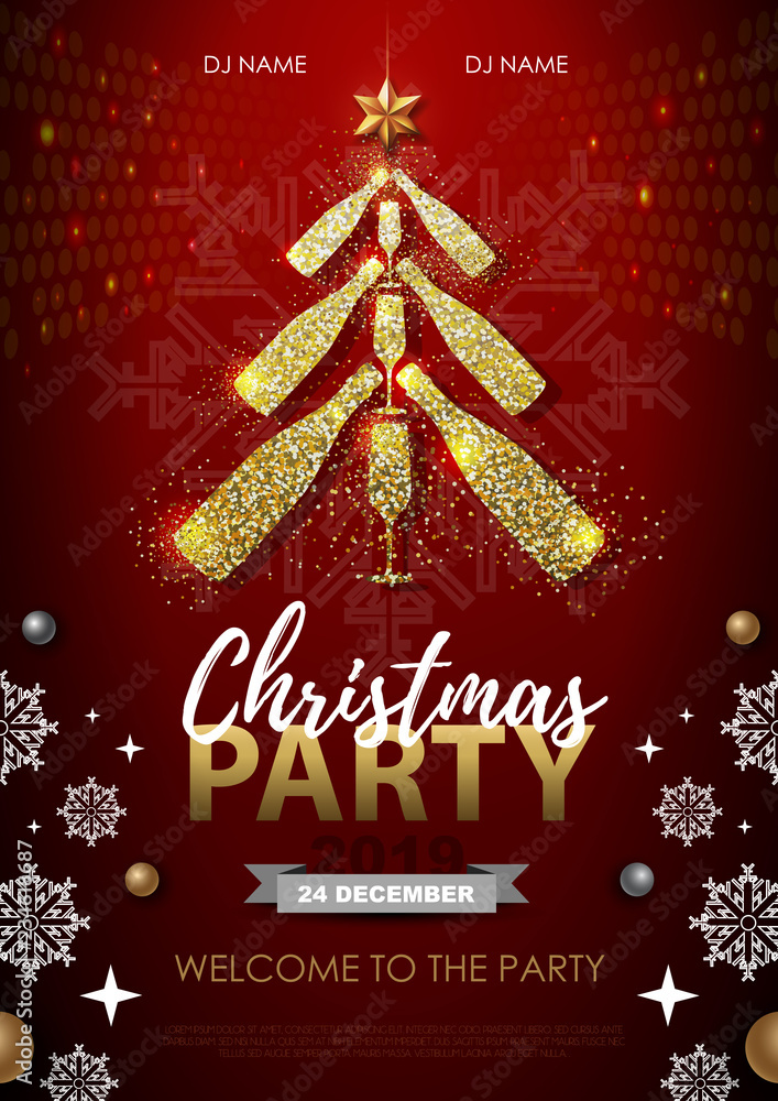 Christmas party poster with golden champagne glass. Golden Christmas tree on red background