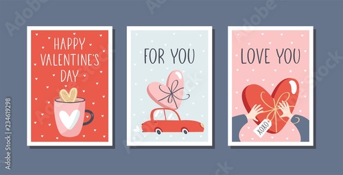 Set of 3 vector Valentine's day gift tags or greeting cards, simple flat style.
