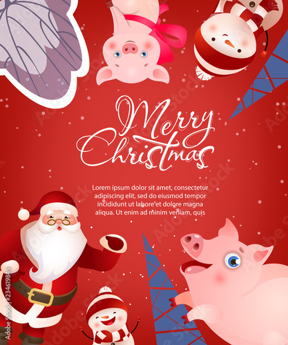 Merry Christmas lettering, sample text, Santa Claus, pigs and snowmen. Christmas greeting card. Handwritten text, calligraphy. For leaflets, brochures, invitations, posters or banners.