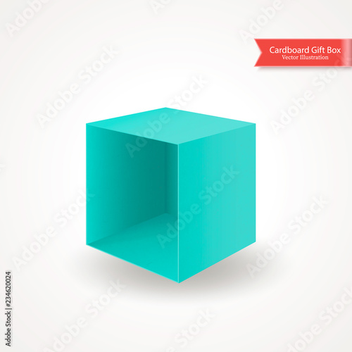 Single open empty cardboard green blue box without lid or cover. Packing lying on its side. Object isolated on white background. Realistic Vector Illustration