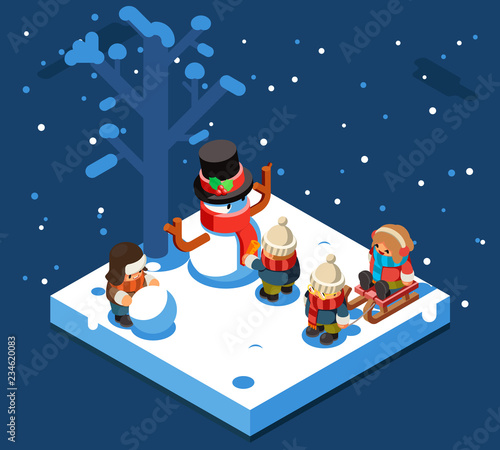 Winter games isometric kids making snowman snowball winter playing sleigh snow background flat design vector illustration