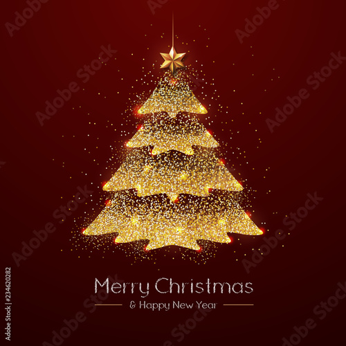 Christmas poster with golden Christmas tree. Christmas greeting card