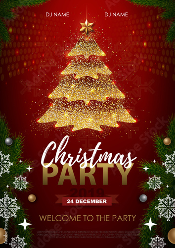 Christmas poster with golden Christmas tree