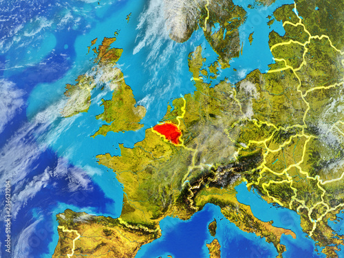 Belgium from space on model of planet Earth with country borders. Extremely fine detail of planet surface and clouds.