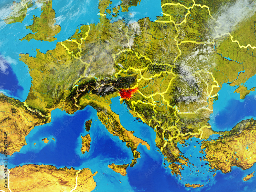 Slovenia from space on model of planet Earth with country borders. Extremely fine detail of planet surface and clouds.