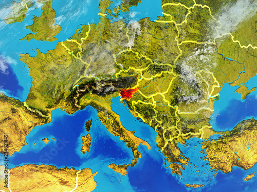 Slovenia from space on model of planet Earth with country borders. Extremely fine detail of planet surface and clouds.