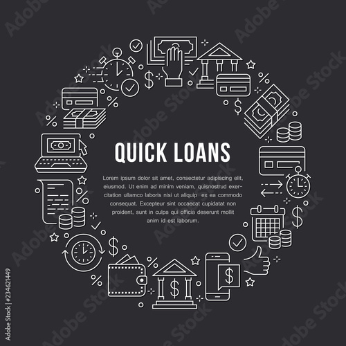 Finance, money loan circle template flat line icons. Quick credit approval, currency transaction, no commission cash deposit atm vector brochure illustration Thin signs banking poster dark background.
