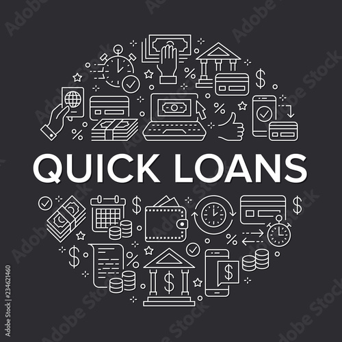 Finance, money loan circle template flat line icons. Quick credit approval, currency transaction, no commission cash deposit atm vector brochure illustration Thin signs banking poster dark background.