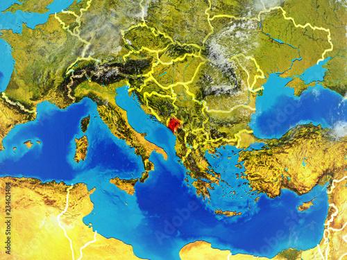 Montenegro from space on model of planet Earth with country borders. Extremely fine detail of planet surface and clouds.