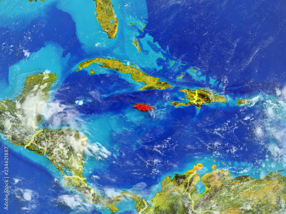 Jamaica from space on model of planet Earth with country borders. Extremely fine detail of planet surface and clouds.