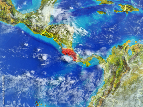 Costa Rica from space on model of planet Earth with country borders. Extremely fine detail of planet surface and clouds.
