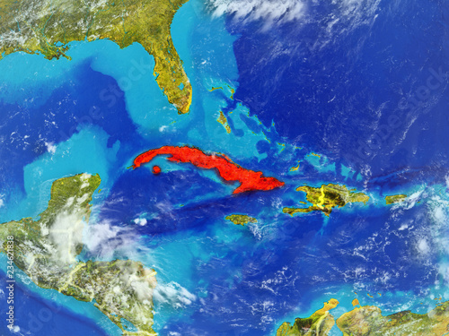 Cuba from space on model of planet Earth with country borders. Extremely fine detail of planet surface and clouds.