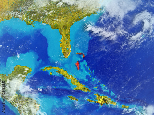 Bahamas from space on model of planet Earth with country borders. Extremely fine detail of planet surface and clouds.