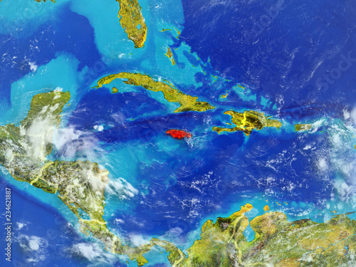 Jamaica from space on model of planet Earth with country borders. Extremely fine detail of planet surface and clouds.