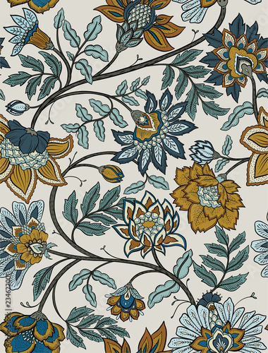 Seamless retro mandala and paisley floral pattern - navy and mustard