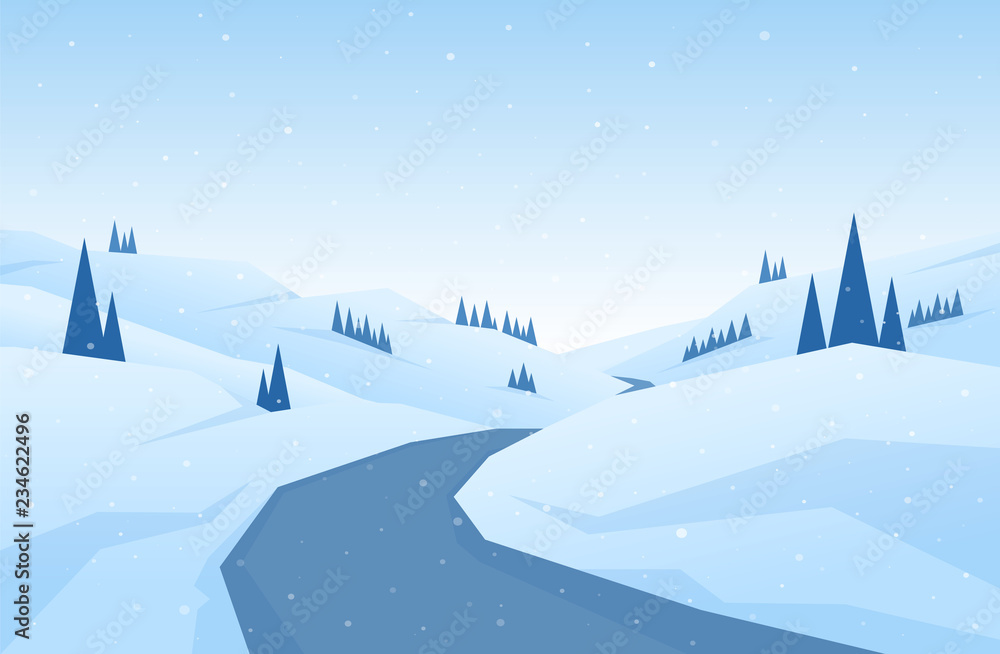 Winter snowy flat cartoon mountains landscape with road, hills and pines.  Christmas background. Stock Vector | Adobe Stock