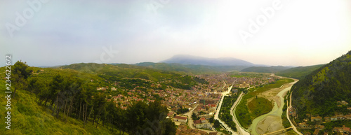 Panoramic aerial view to Berat old town and Osum river from Berat Castle , Albania photo