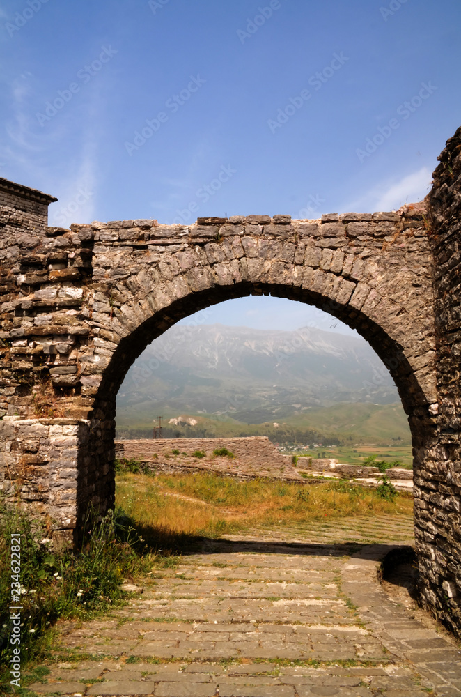 Panoramic view to Gjirokastra castle with the arch , Gjirokaster, Albania