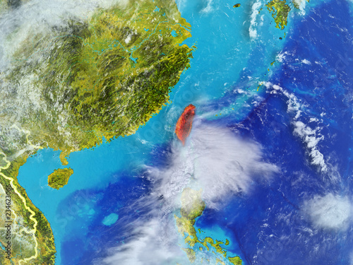 Taiwan from space on model of planet Earth with country borders. Extremely fine detail of planet surface and clouds.