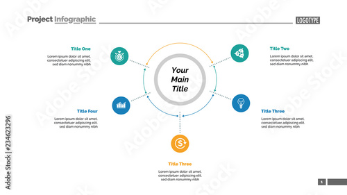 Five options process chart slide template. Business data. Plan, point, design. Creative concept for infographic, presentation, report. Can be used for topics like banking, teamwork, training.