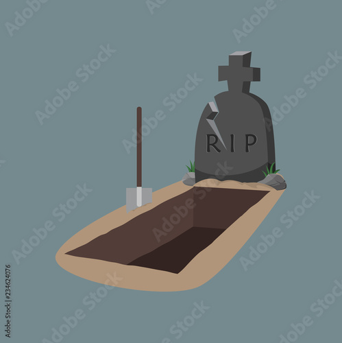open grave and headstone with hoe