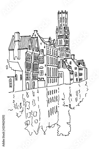 Vector sketch of Traditional architecture in the town of Bruges (Brugge), Belgium