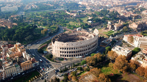 Canvas Print Aerial drone view of iconic ancient Arena of Colosseum, also known as the Flavia